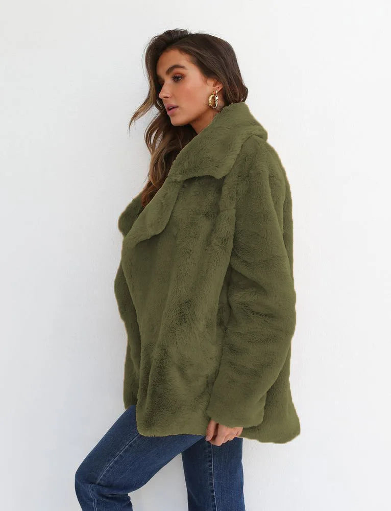 "Amoura Elegance Women's Plush Lapel Slim-Fit Jacket – European & American Fashion Sexy Autumn/Winter Outerwear for Stylish Comfort"