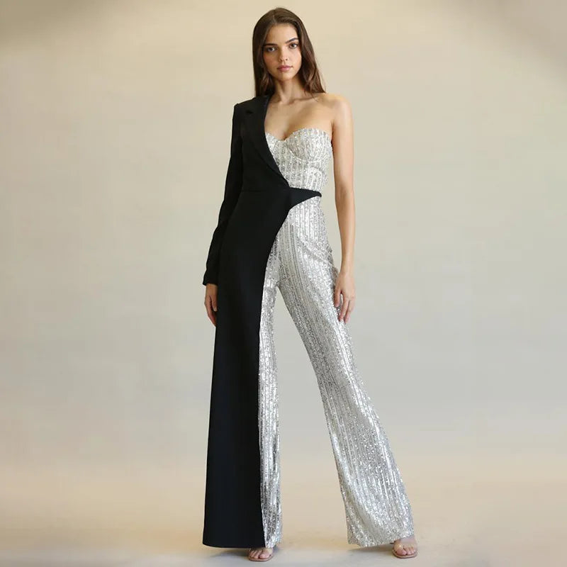 Amoura Elegance European & American Women's Silver Splicing Sequin One-Shoulder Jumpsuit – Glamorous Evening Wear