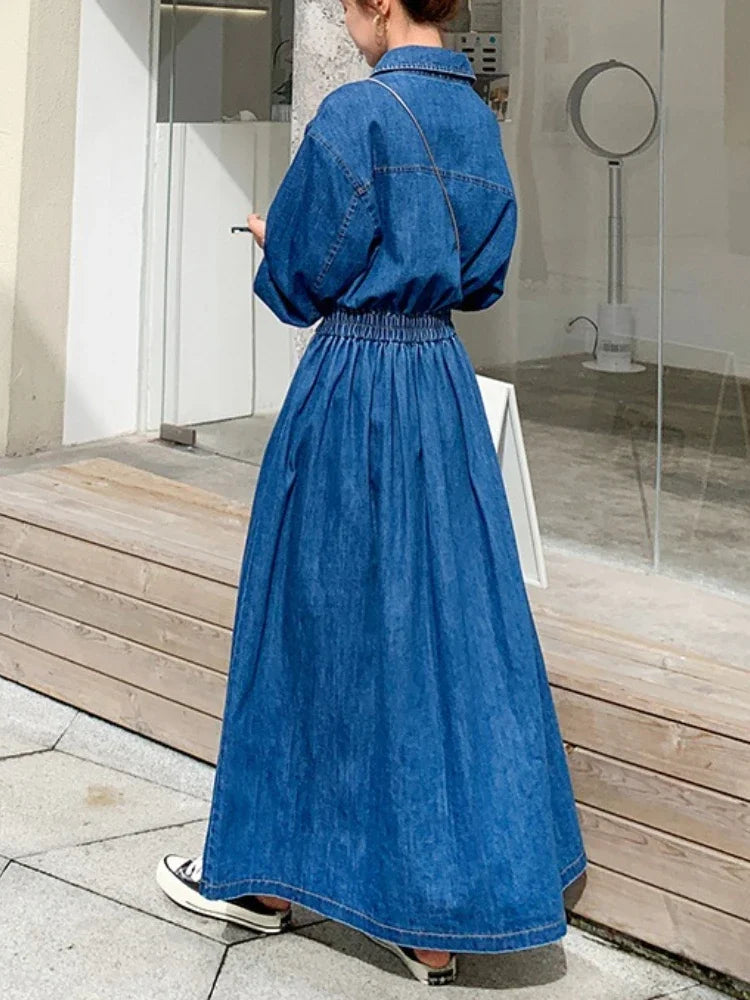 Amoura Elegance Blue Denim Vintage Long Dress – Korean Fashion Autumn Single-Breasted Loose Streetwear