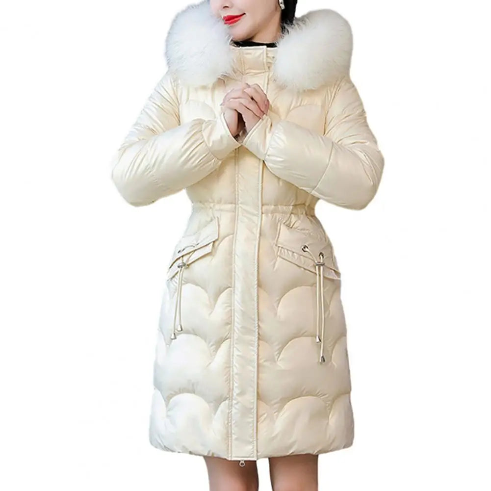 "Amoura Elegance Women's Winter Cotton Coat – Thickened Padded Faux Fur Hooded Mid-Length Slim Fit Windproof Outerwear for Cold Weather Comfort"