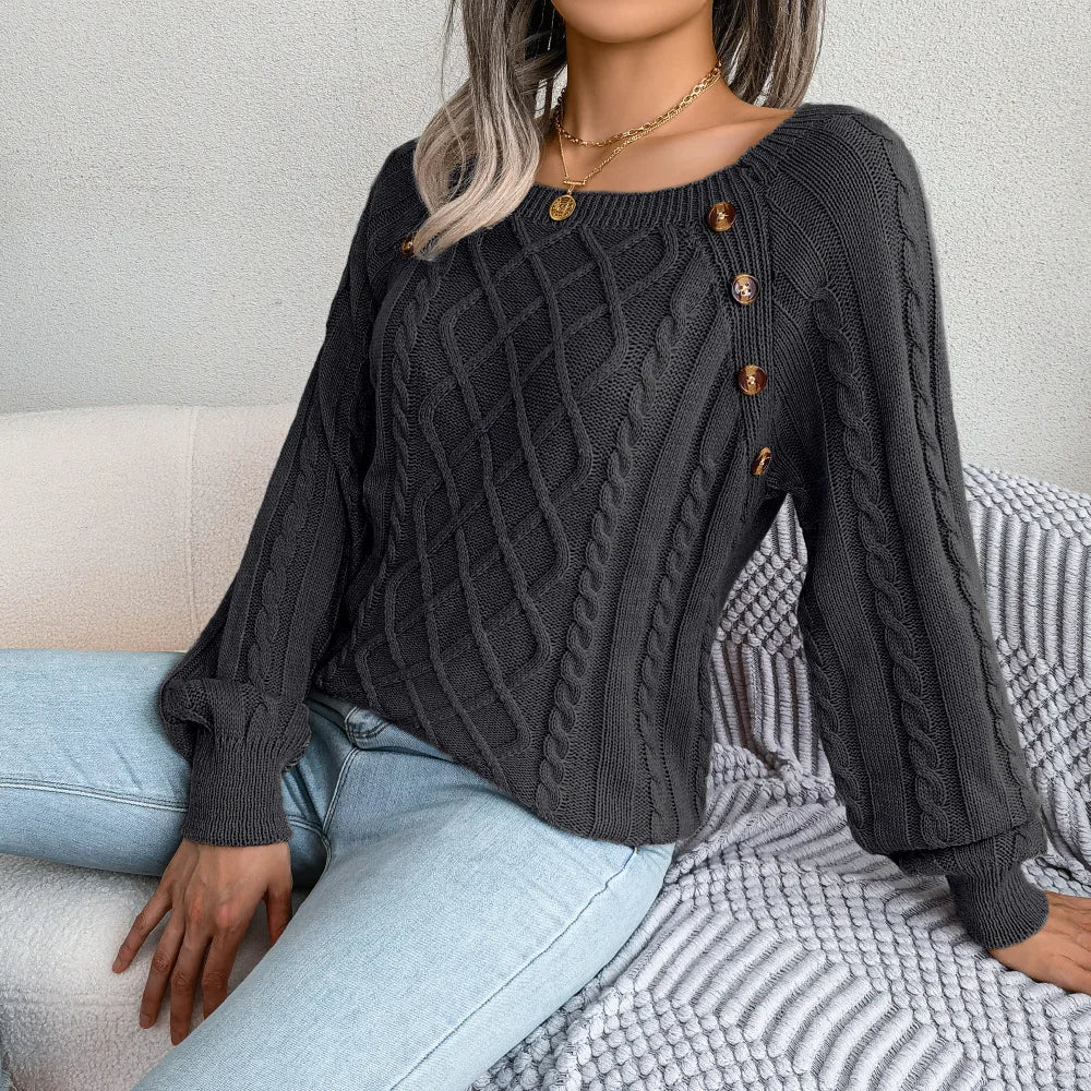 Amoura Elegance Women's 2024 Autumn/Winter Casual Square Collar Nail Buckle Twist Knitted Pullover Sweater – Chic & Cozy Knitwear