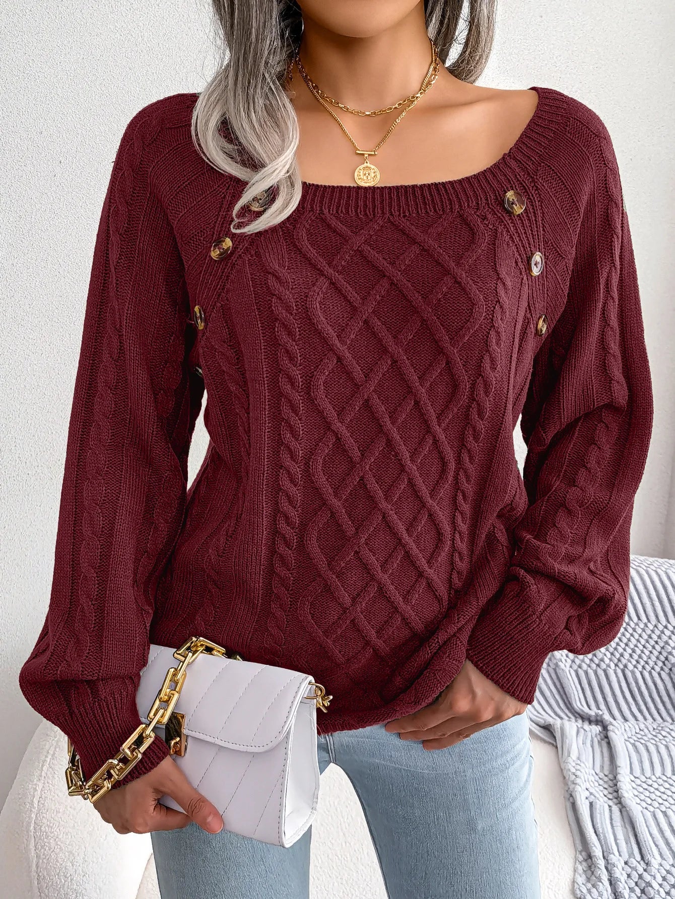 Amoura Elegance Women's 2024 Autumn/Winter Casual Square Collar Nail Buckle Twist Knitted Pullover Sweater – Chic & Cozy Knitwear