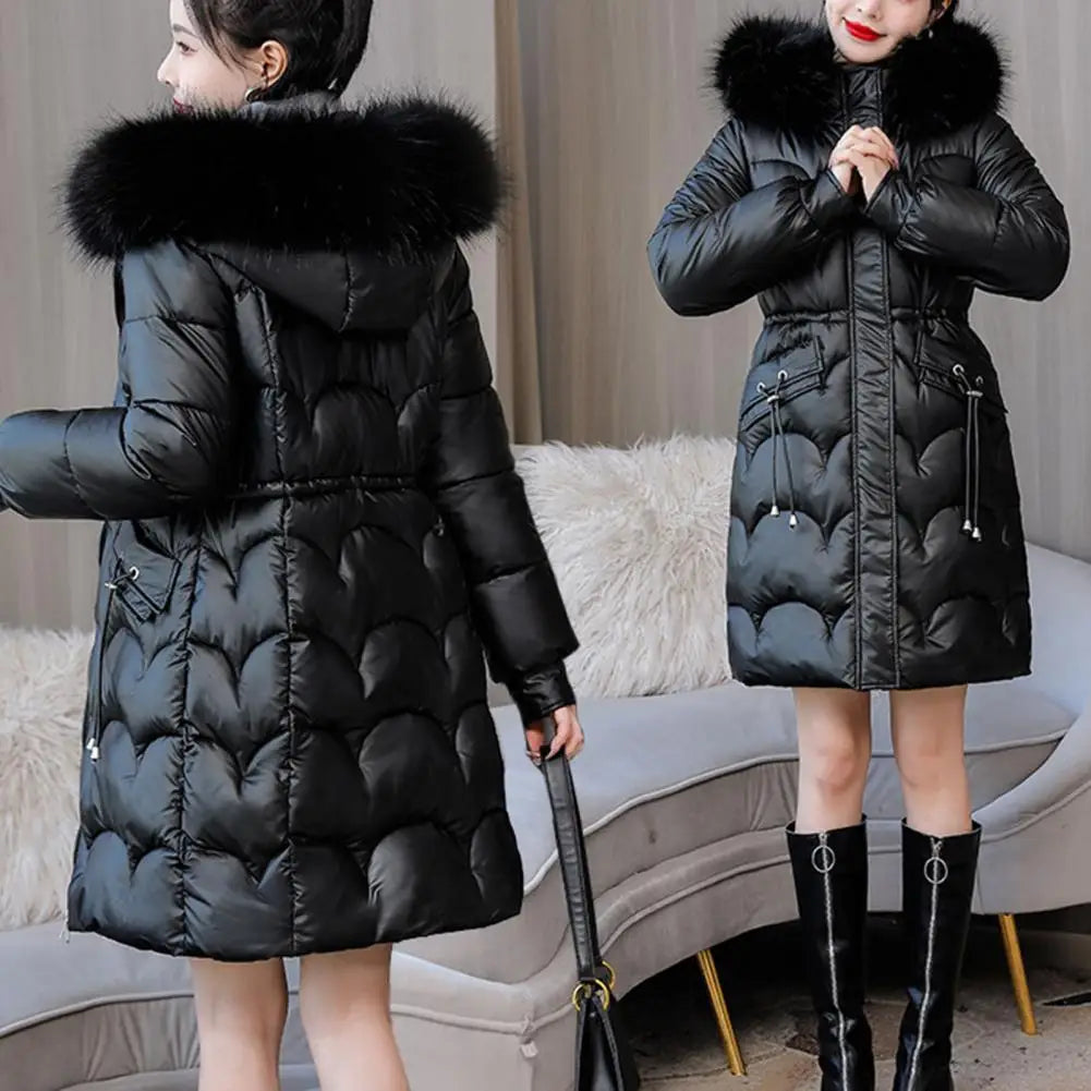 "Amoura Elegance Women's Winter Cotton Coat – Thickened Padded Faux Fur Hooded Mid-Length Slim Fit Windproof Outerwear for Cold Weather Comfort"