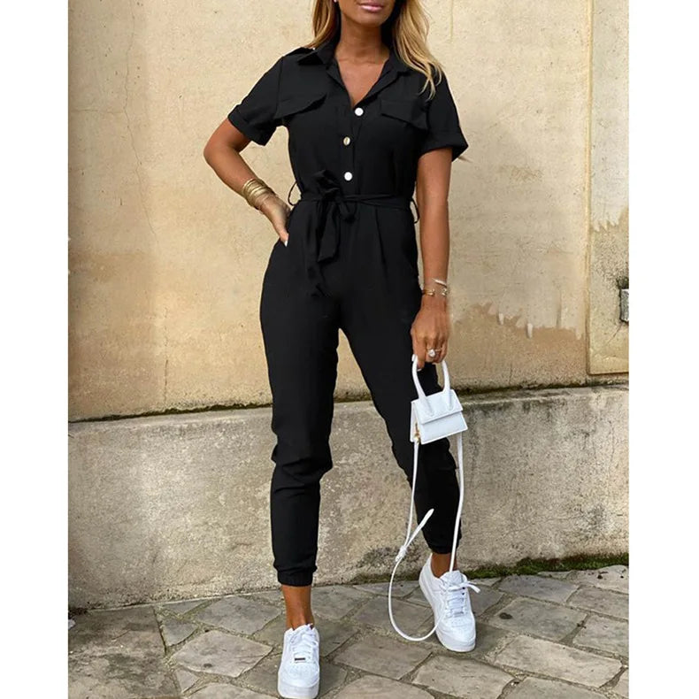 Amoura Elegance European & American Women's Casual Lapel Buckle Printed Belt Cargo Jumpsuit – Stylish Utility Fashion