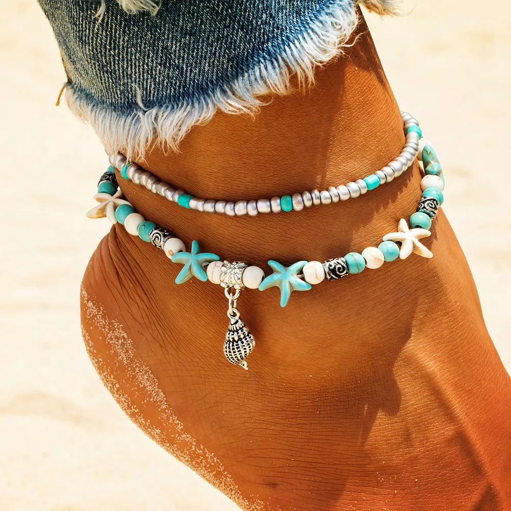 AmouraElegance FNIO Vintage Shell & Beaded Anklets for Women | Starfish & Turtle Charms | Geometric Ankle Bracelet Foot Jewelry"