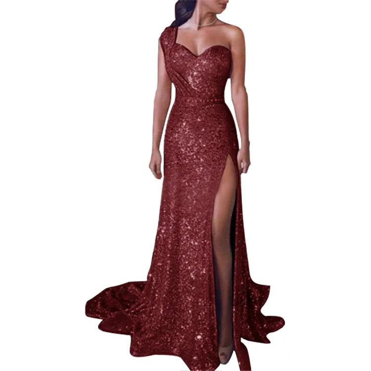 Amoura Elegance European & American Women's Sexy One-Shoulder Sleeveless Gold Slit Long Dress