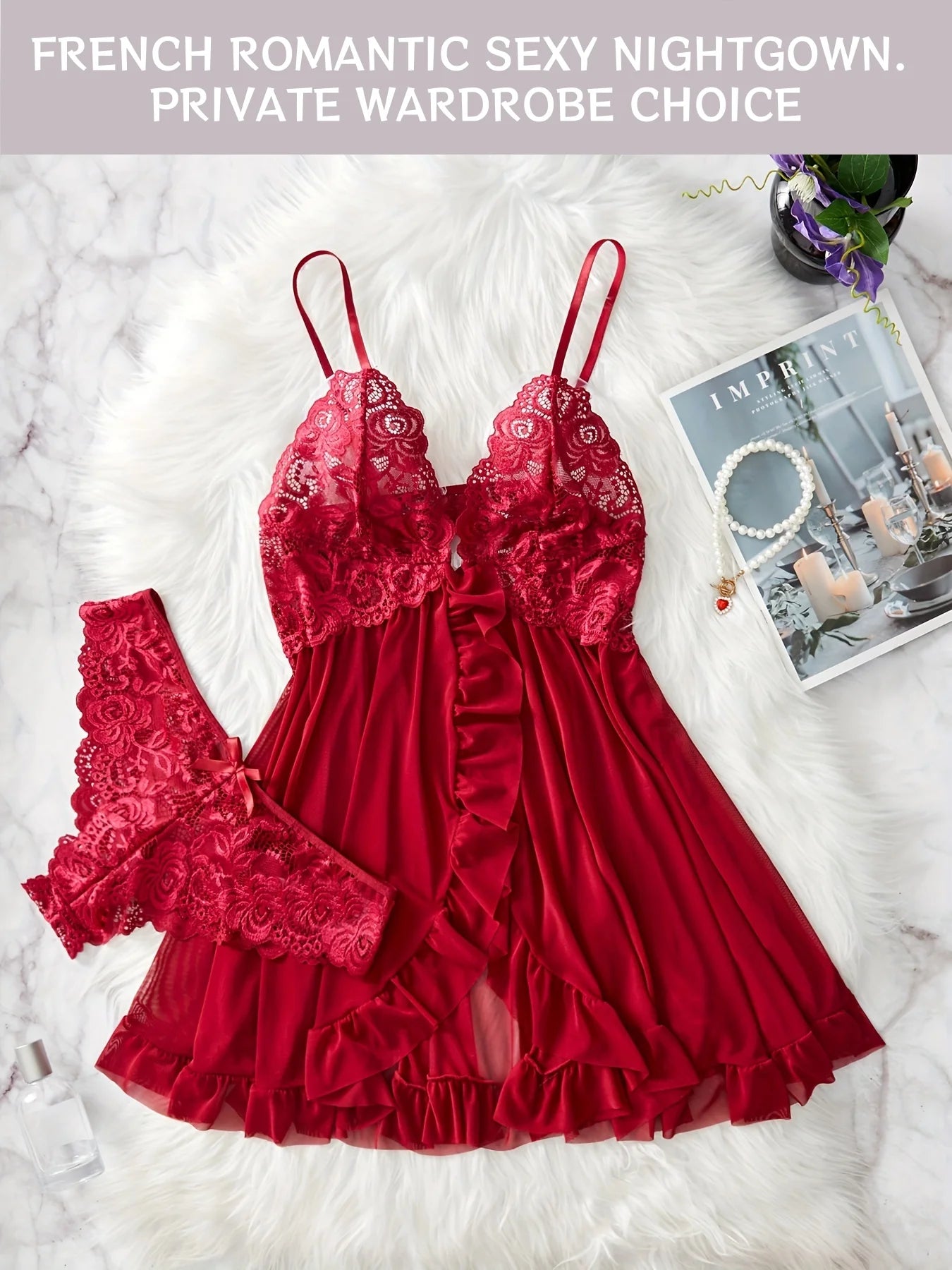 Amoura Elegance |Contrast Lace Ruffle Trim Lingerie Set - Deep V Slip Dress & Thong | Amoura Elegance