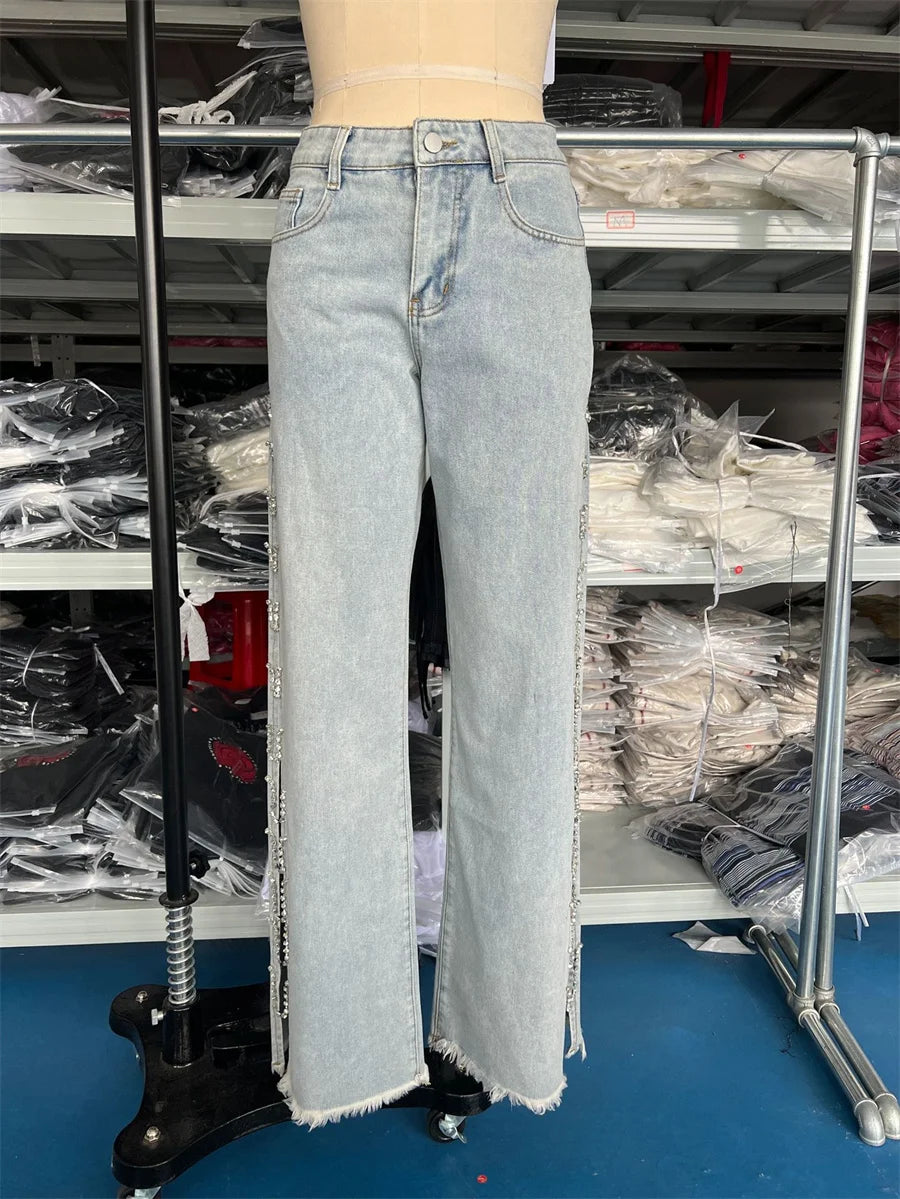 Amoura Elegance Women's Crystal Chain Y2K Wide Leg Baggy Jeans – High Waist Hollow Out Denim Trousers with Side Split