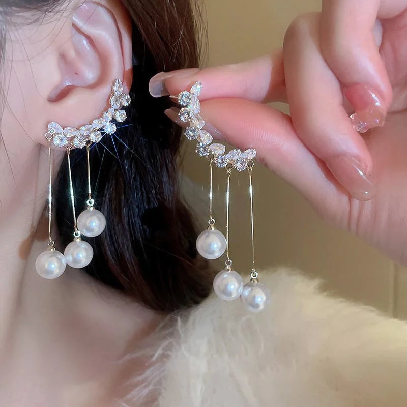 "AmouraElegance 2024 New Fashion Korean Hanging Long Tassel Drop Earrings for Women | Gold Color Zircon Wedding Jewelry Gift"