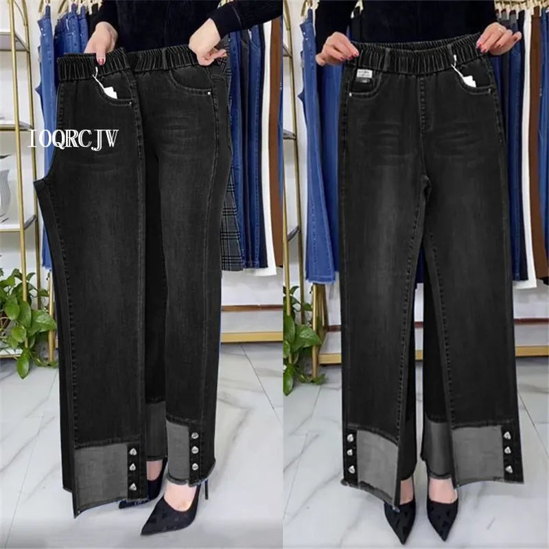 Women's Spring & Autumn Stretch Waist Straight Denim Pants – Large Size, Loose High-Waist Casual Jeans in Black & Blue | Amoura Elegance