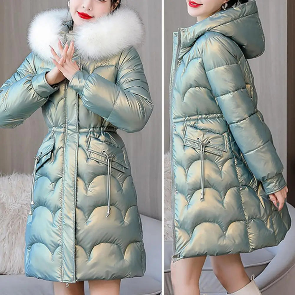 "Amoura Elegance Women's Winter Cotton Coat – Thickened Padded Faux Fur Hooded Mid-Length Slim Fit Windproof Outerwear for Cold Weather Comfort"