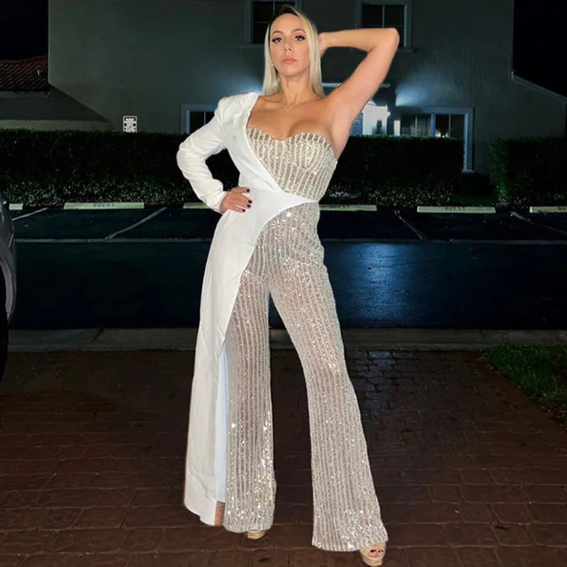 Amoura Elegance European & American Women's Silver Splicing Sequin One-Shoulder Jumpsuit – Glamorous Evening Wear