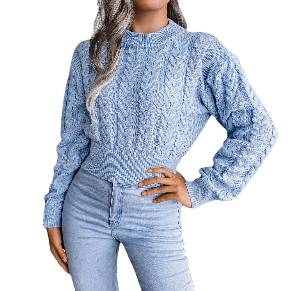 Amoura Elegance Women’s 2024 Autumn/Winter Twist Knitted Pullover – Solid Color Crew Neck, Long-Sleeve Sexy Babes Waist-Fitting Sweater