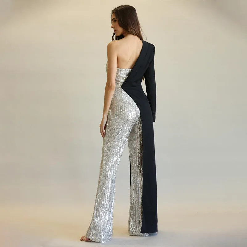 Amoura Elegance European & American Women's Silver Splicing Sequin One-Shoulder Jumpsuit – Glamorous Evening Wear