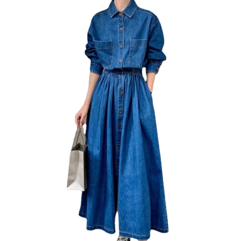 Amoura Elegance Blue Denim Vintage Long Dress – Korean Fashion Autumn Single-Breasted Loose Streetwear