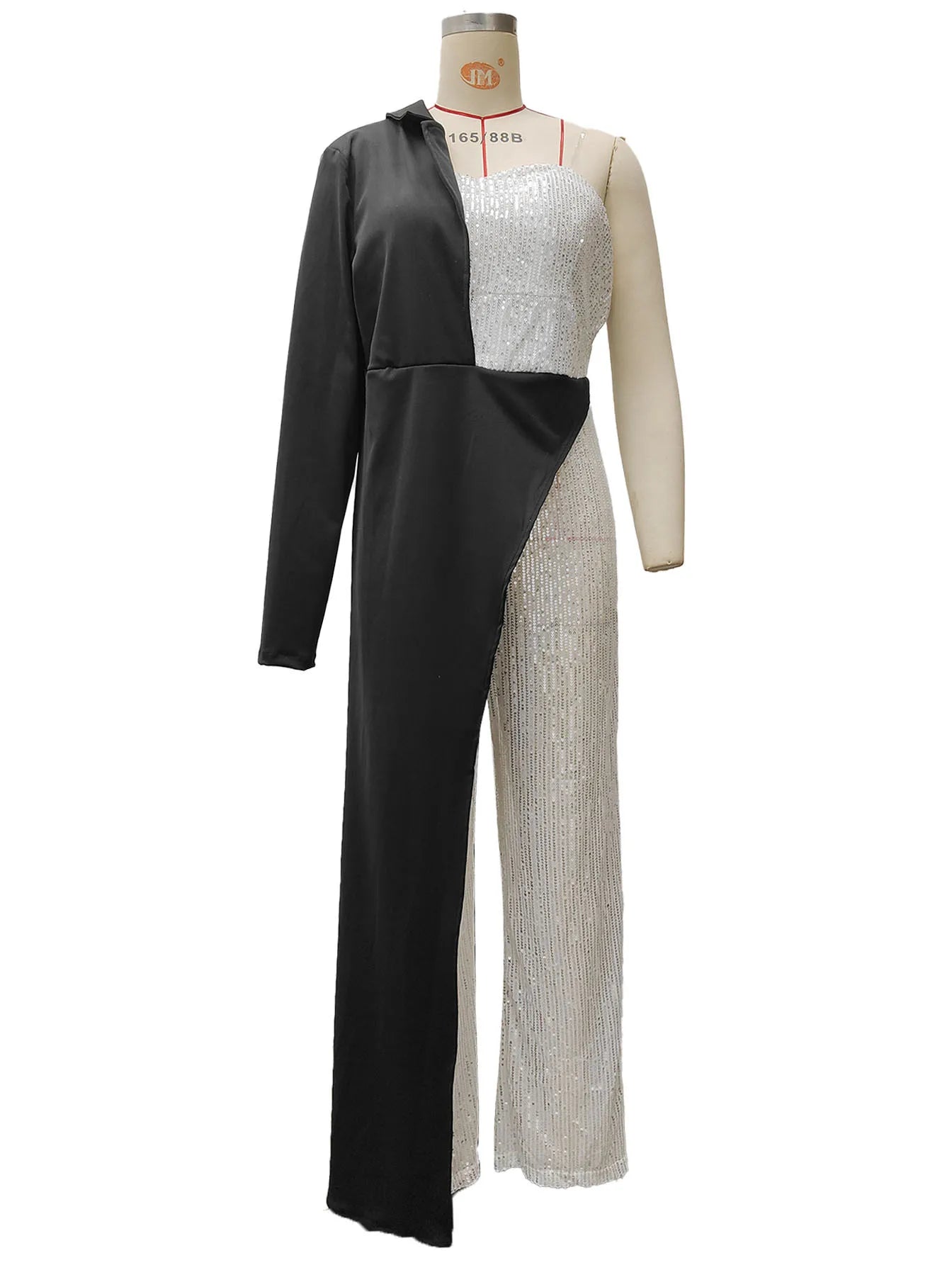 Amoura Elegance European & American Women's Silver Splicing Sequin One-Shoulder Jumpsuit – Glamorous Evening Wear