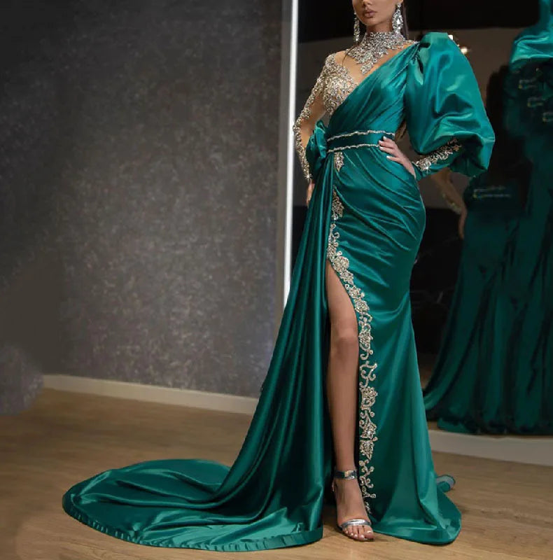 Amoura Elegance Elegant Fishtail Banquet Dress – Gold Accents, Slimming Silhouette, and Small Train for Evening Events