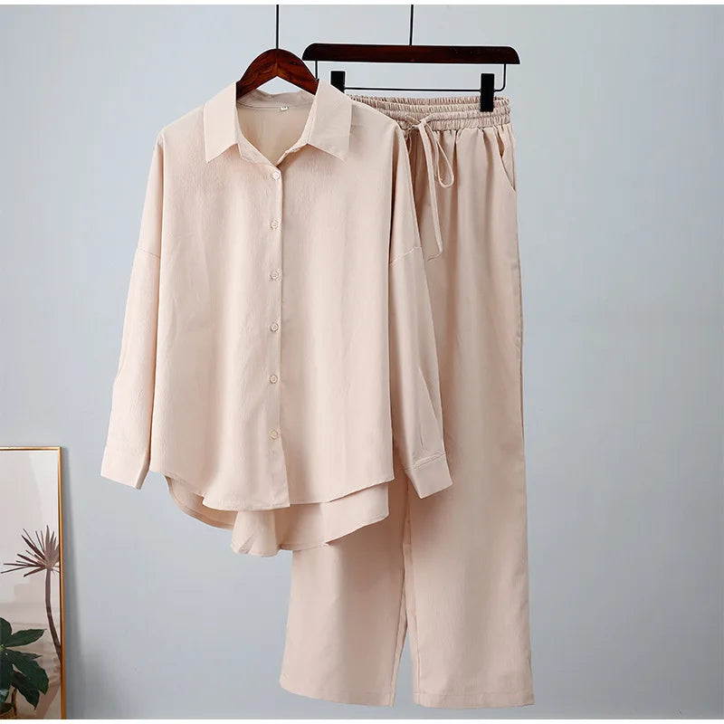 Amoura Elegance Europe & U.S. Autumn & Winter Long-Sleeved Shirt and Wide-Leg Pants Casual Suit – Modern Comfort Style