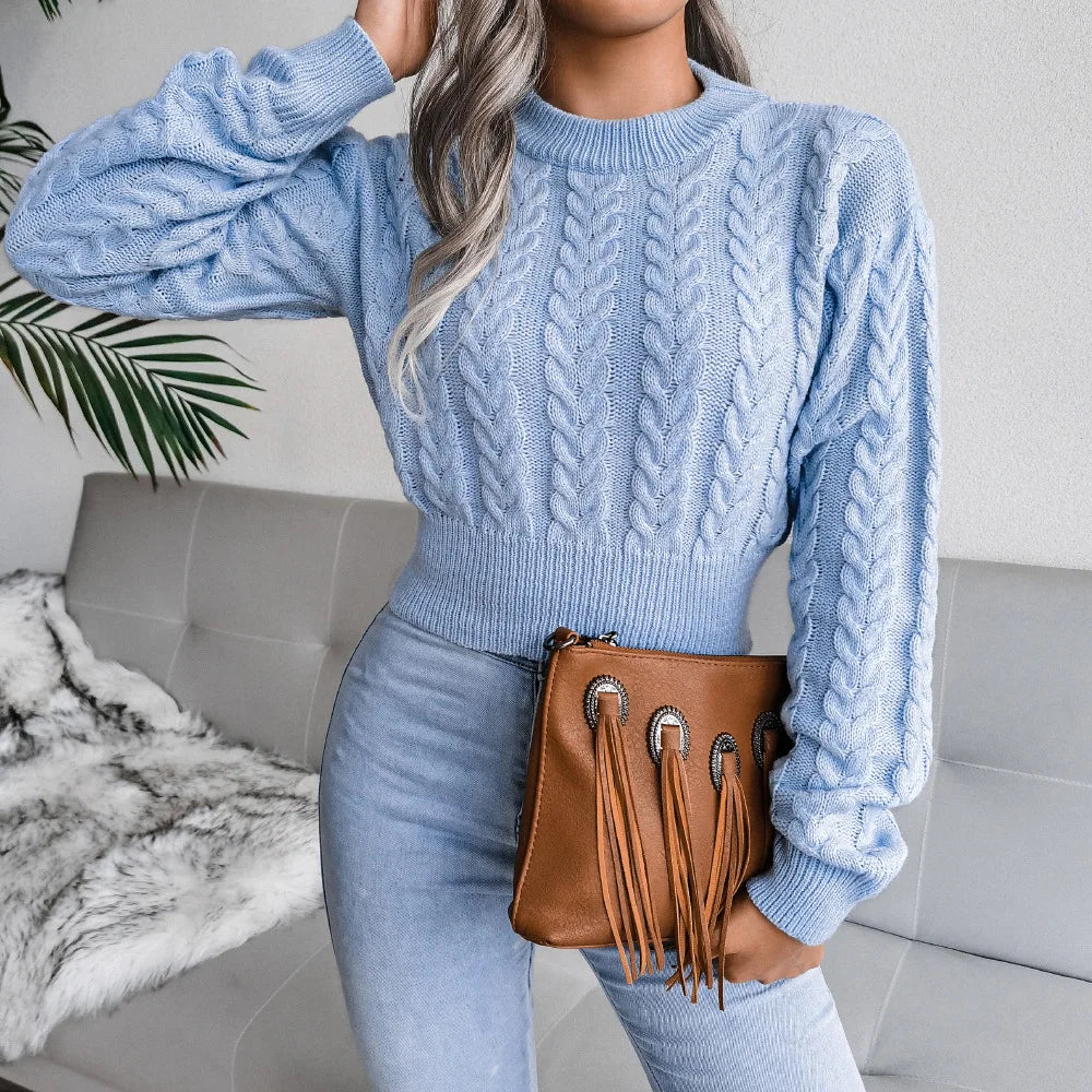 Amoura Elegance Women’s 2024 Autumn/Winter Twist Knitted Pullover – Solid Color Crew Neck, Long-Sleeve Sexy Babes Waist-Fitting Sweater