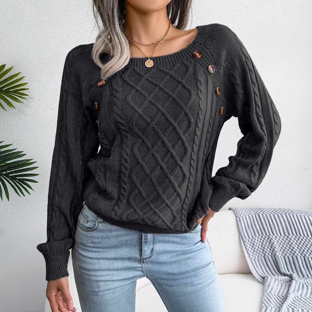 Amoura Elegance Women's 2024 Autumn/Winter Casual Square Collar Nail Buckle Twist Knitted Pullover Sweater – Chic & Cozy Knitwear