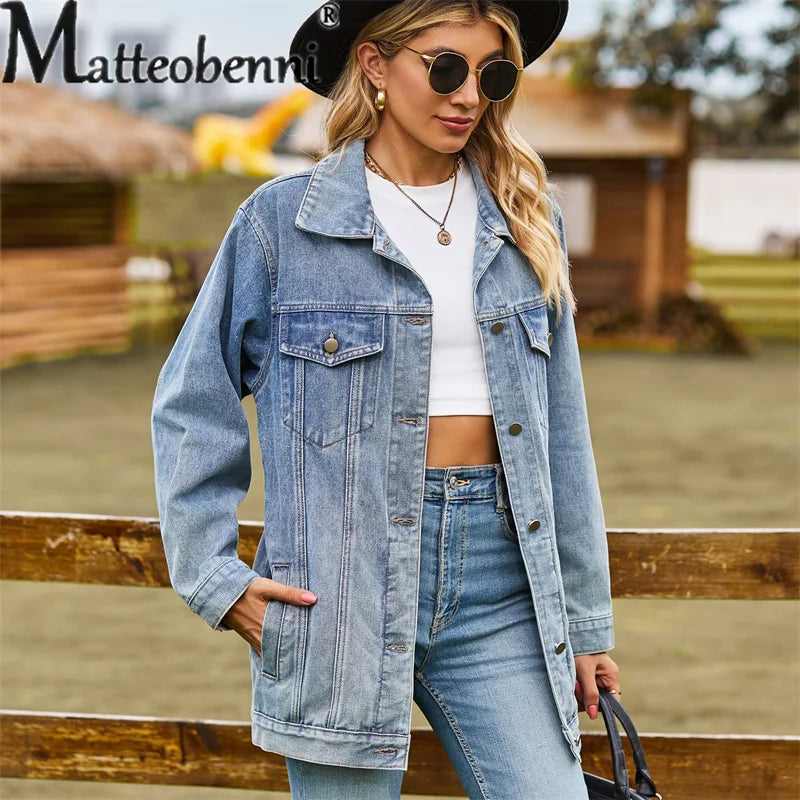 Amoura Elegance Women's Vintage Denim Jacket – Loose Lapel Single-Breasted Cardigan Coat for Autumn Winter Casual Commuter Style 2023