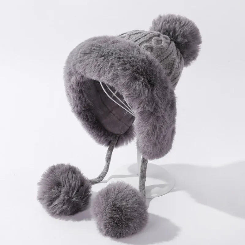 Amoura Elegance Women’s Imitation Rabbit Fur Thermal Winter Hat – Cute Thick White Plush Hat with Fluffy Ball and Earflaps