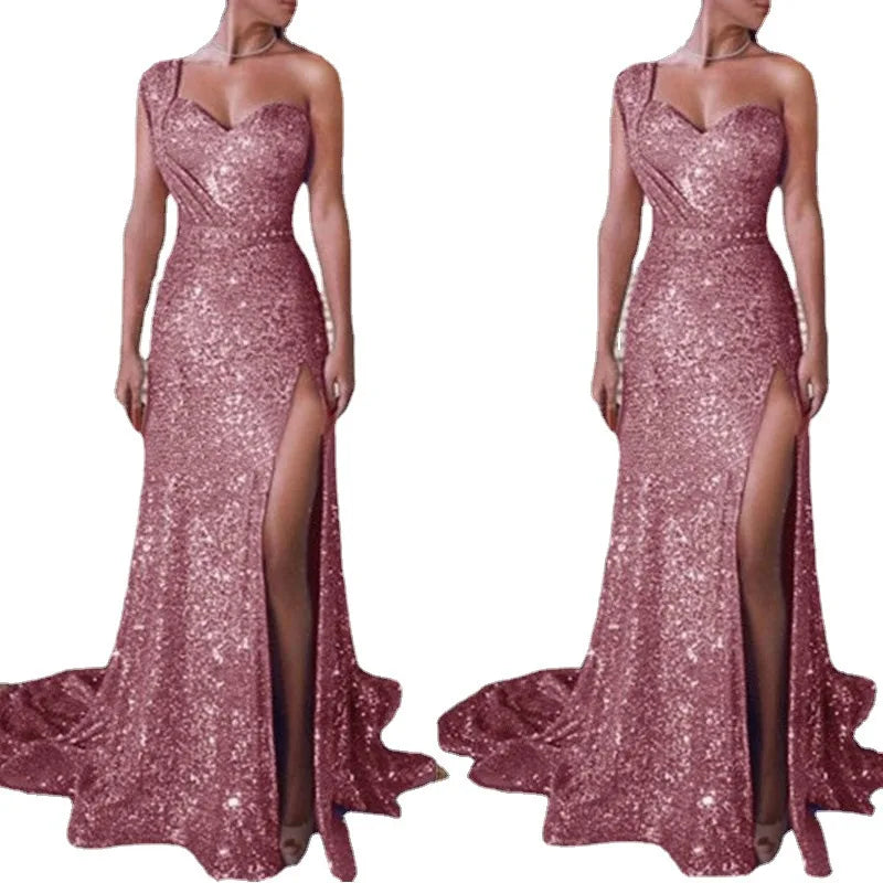 Amoura Elegance European & American Women's Sexy One-Shoulder Sleeveless Gold Slit Long Dress
