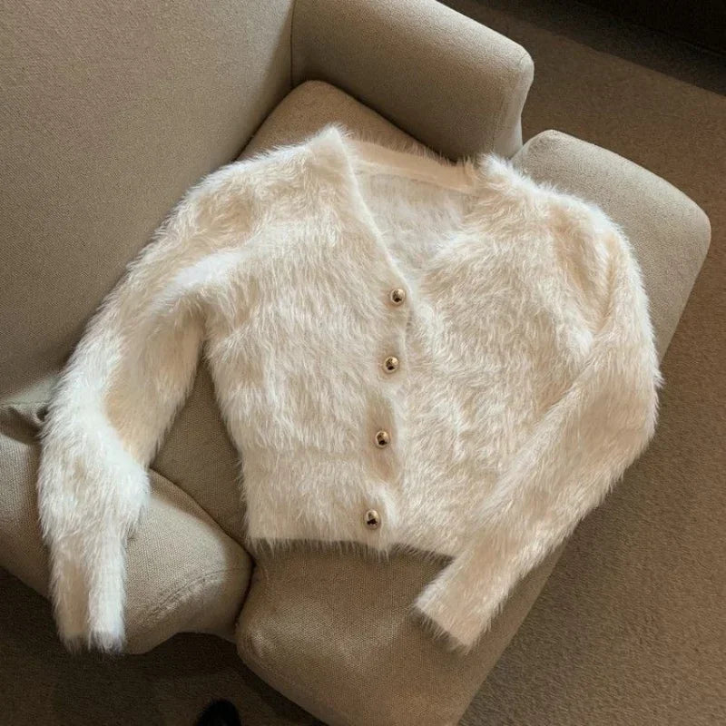 Amoura Elegance Women's V-Neck Cropped Mohair Cardigan – Retro Casual Oversized Knitted Sweater Jacket