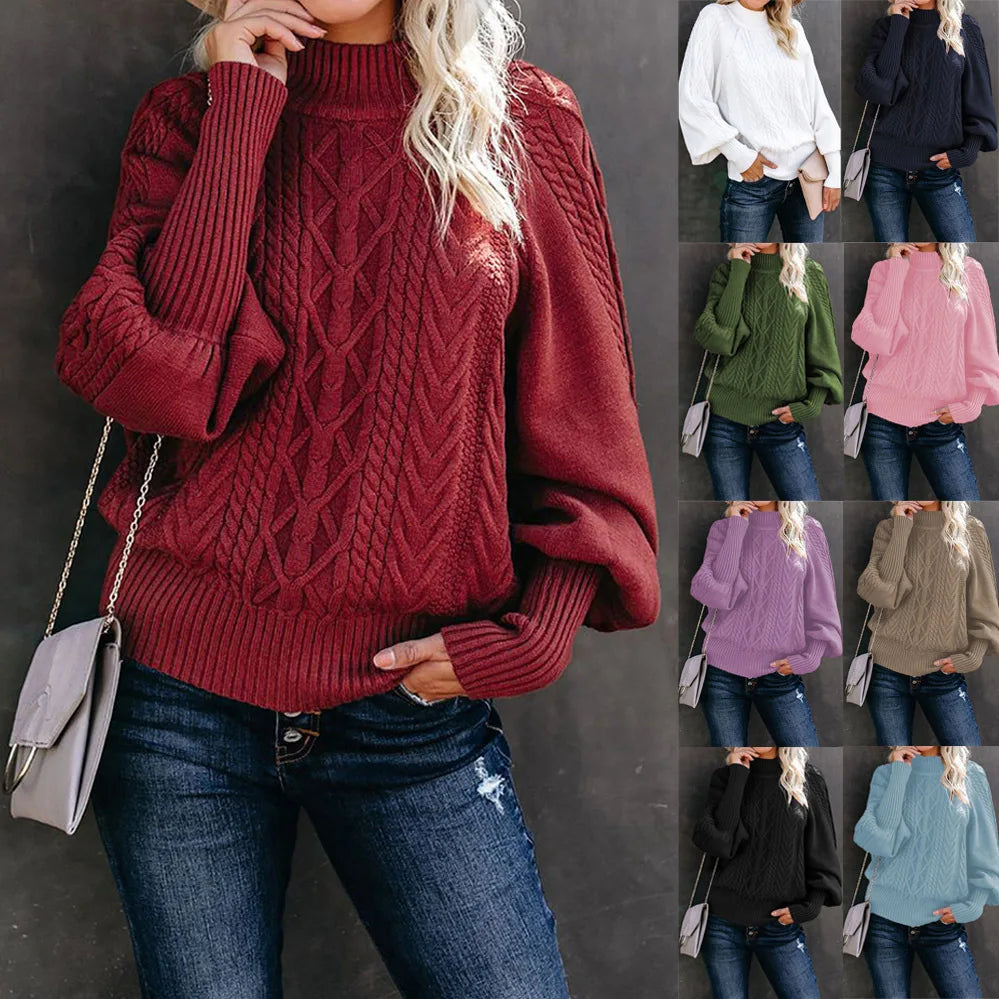 Amoura Elegance 2024 Winter New Mid-Neck Sweater – Women’s Loose Long Sleeve Solid Color Knit Turtleneck for Office and Casual Wear