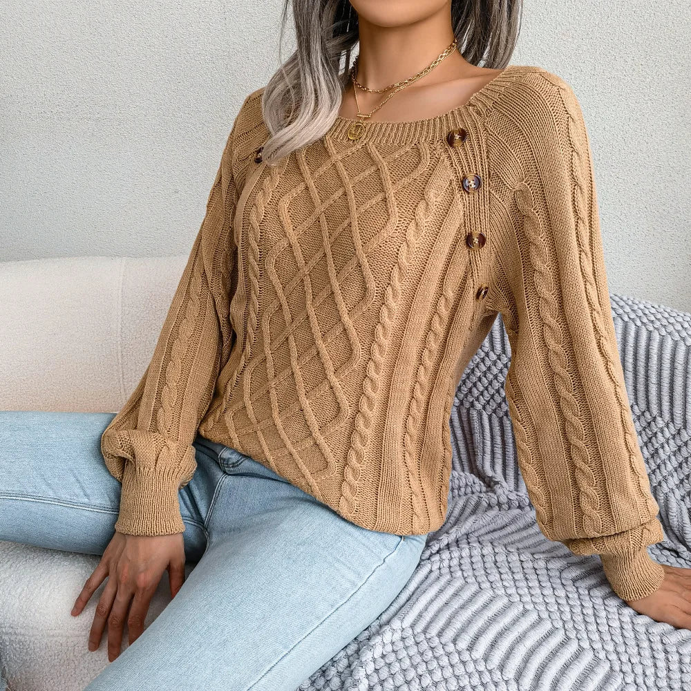 Amoura Elegance Women's 2024 Autumn/Winter Casual Square Collar Nail Buckle Twist Knitted Pullover Sweater – Chic & Cozy Knitwear