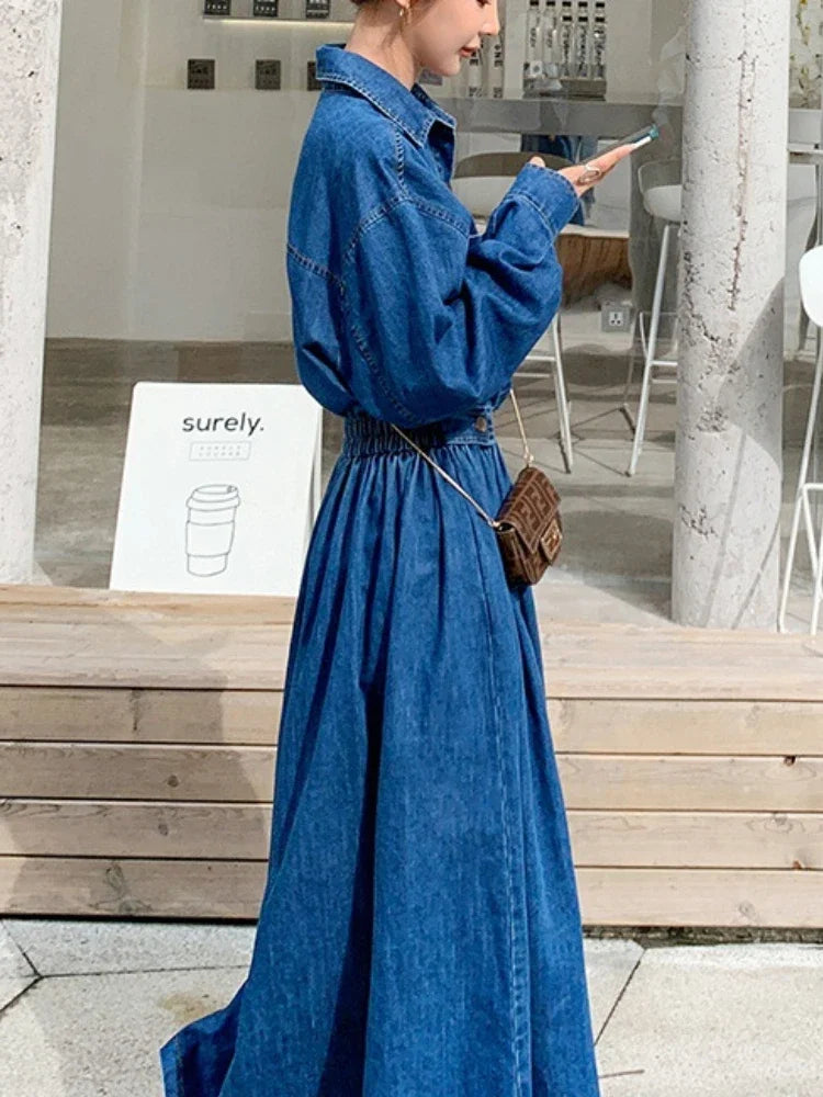 Amoura Elegance Blue Denim Vintage Long Dress – Korean Fashion Autumn Single-Breasted Loose Streetwear