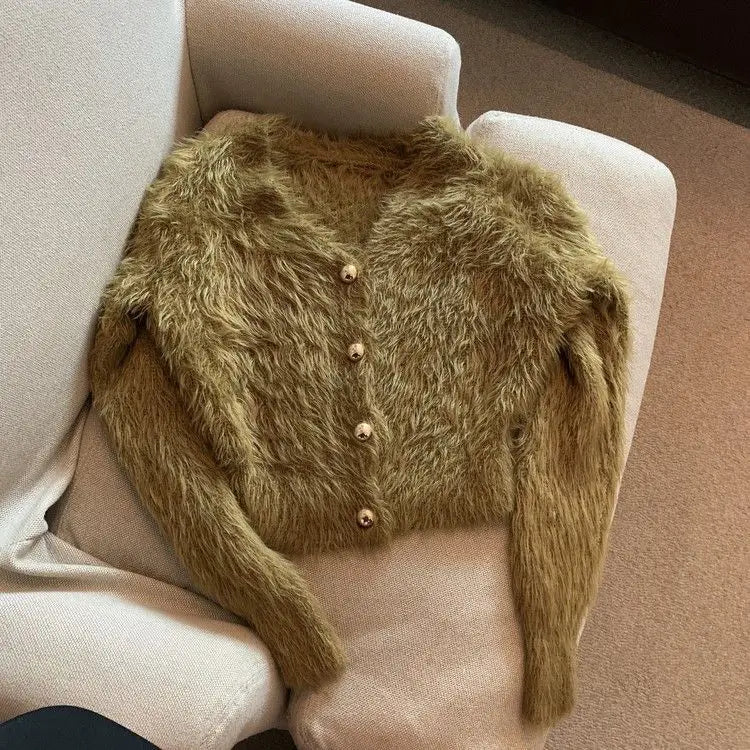 Amoura Elegance Women's V-Neck Cropped Mohair Cardigan – Retro Casual Oversized Knitted Sweater Jacket