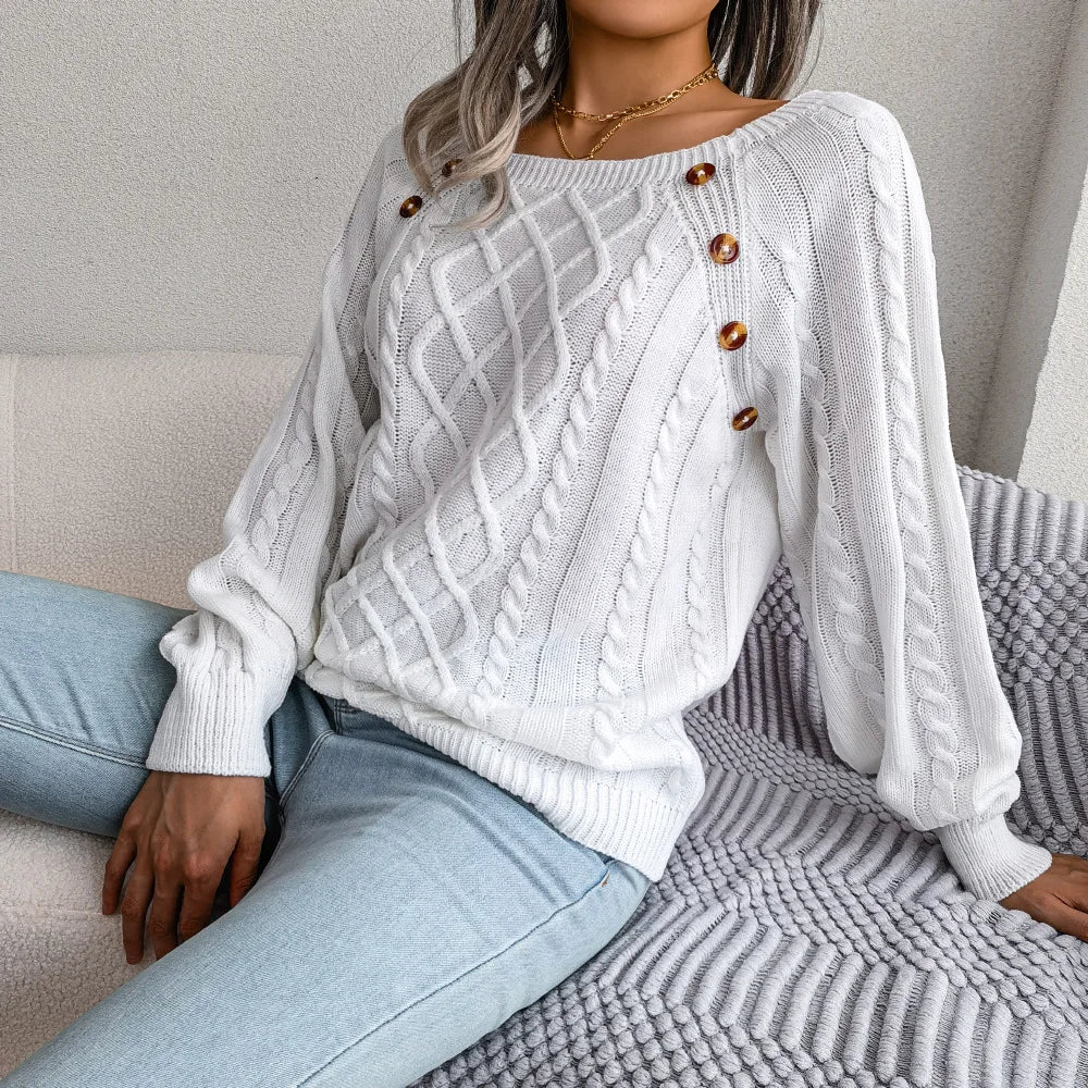 Amoura Elegance Women's 2024 Autumn/Winter Casual Square Collar Nail Buckle Twist Knitted Pullover Sweater – Chic & Cozy Knitwear