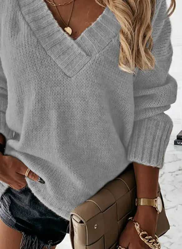 Amoura Elegance Fashion Europe and US 2024 Autumn/Winter Solid Color V-Neck Sweater Blouse – Casual Loose Fit Women's Top
