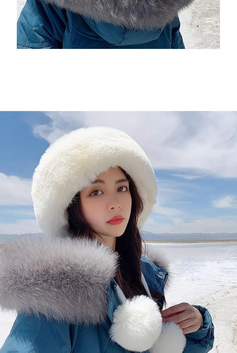 Amoura Elegance Women’s Imitation Rabbit Fur Thermal Winter Hat – Cute Thick White Plush Hat with Fluffy Ball and Earflaps