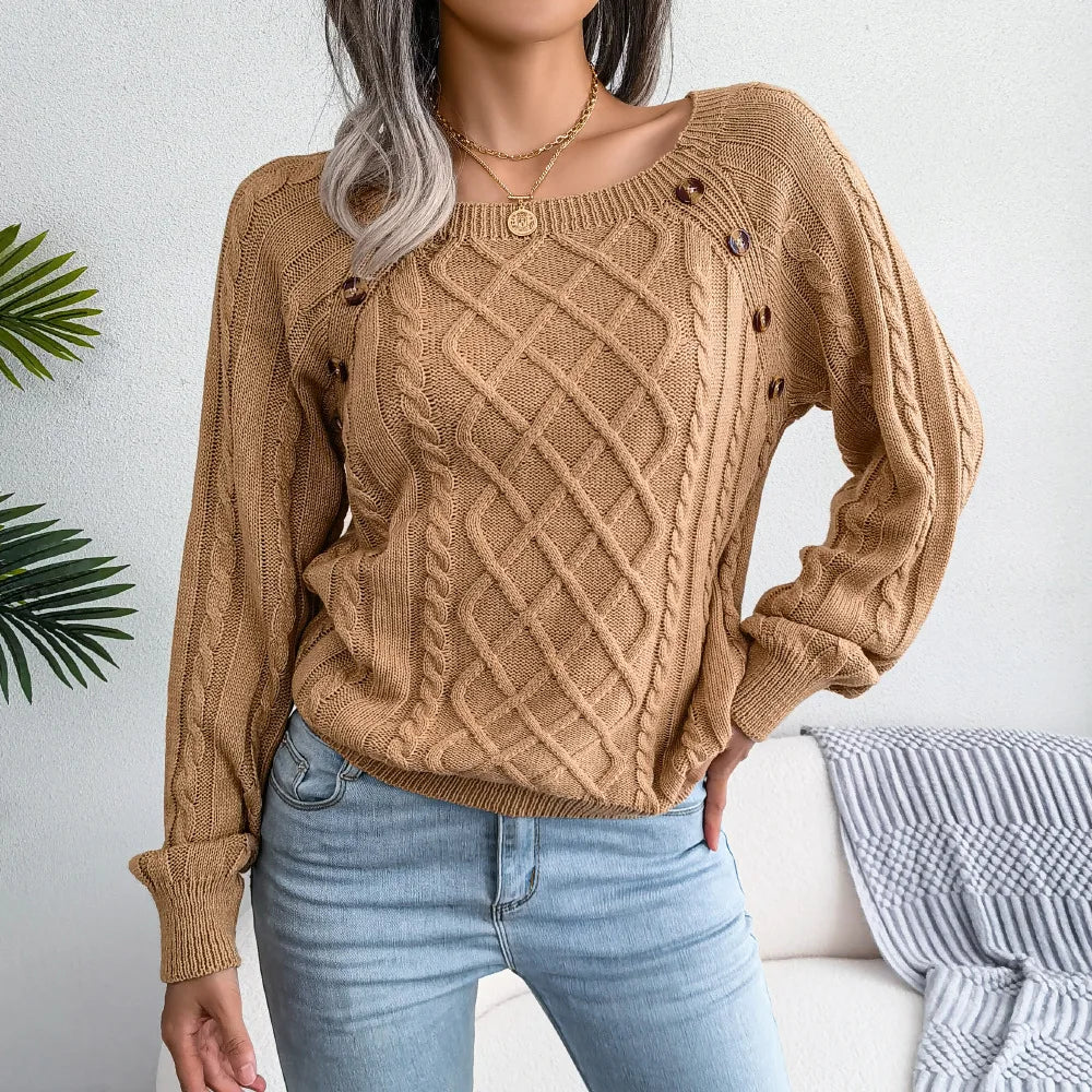 Amoura Elegance Women's 2024 Autumn/Winter Casual Square Collar Nail Buckle Twist Knitted Pullover Sweater – Chic & Cozy Knitwear