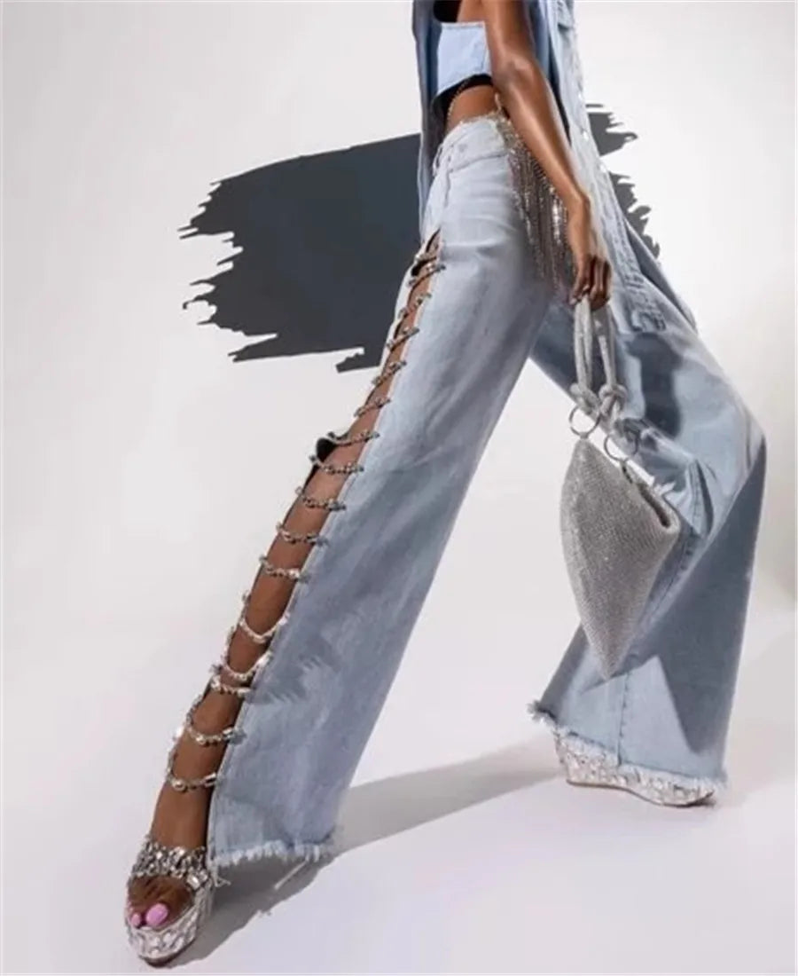 Amoura Elegance Women's Crystal Chain Y2K Wide Leg Baggy Jeans – High Waist Hollow Out Denim Trousers with Side Split