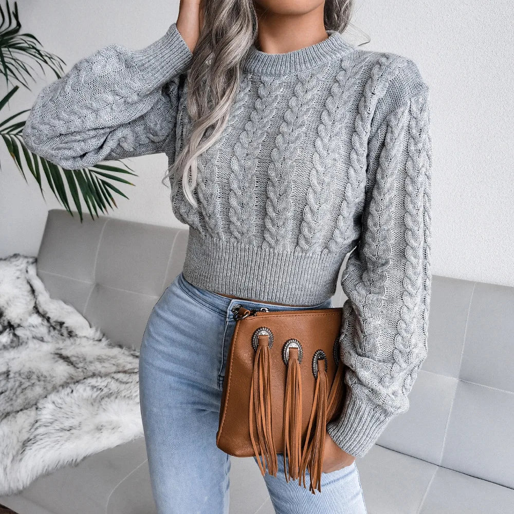 Amoura Elegance Women’s 2024 Autumn/Winter Twist Knitted Pullover – Solid Color Crew Neck, Long-Sleeve Sexy Babes Waist-Fitting Sweater