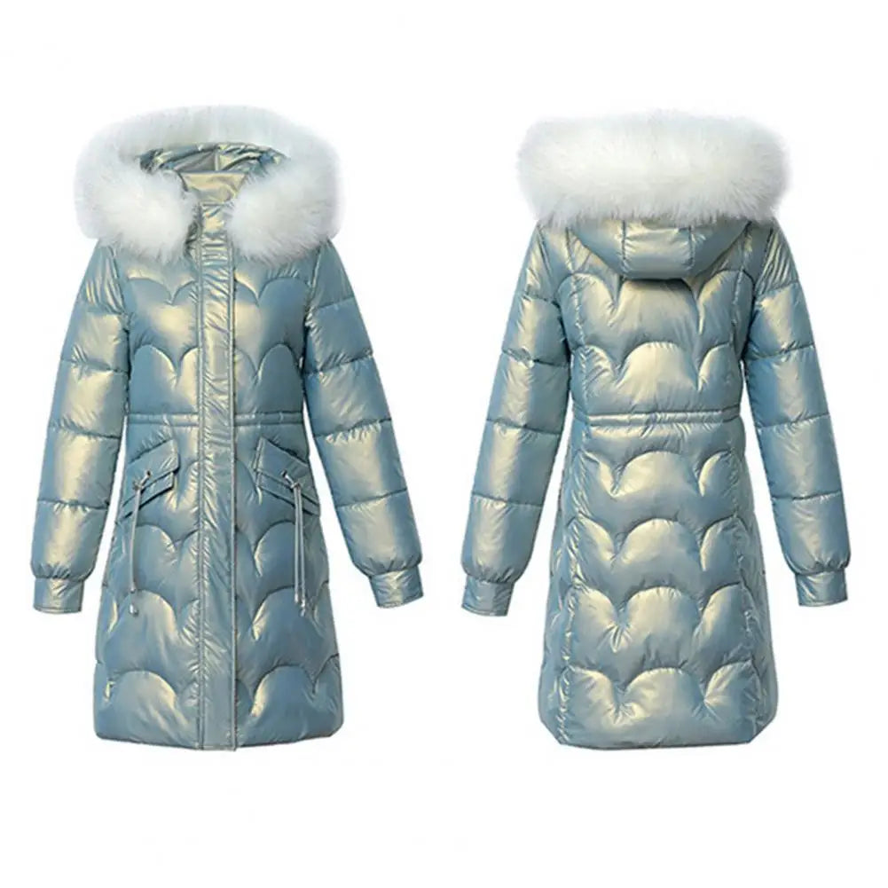 "Amoura Elegance Women's Winter Cotton Coat – Thickened Padded Faux Fur Hooded Mid-Length Slim Fit Windproof Outerwear for Cold Weather Comfort"
