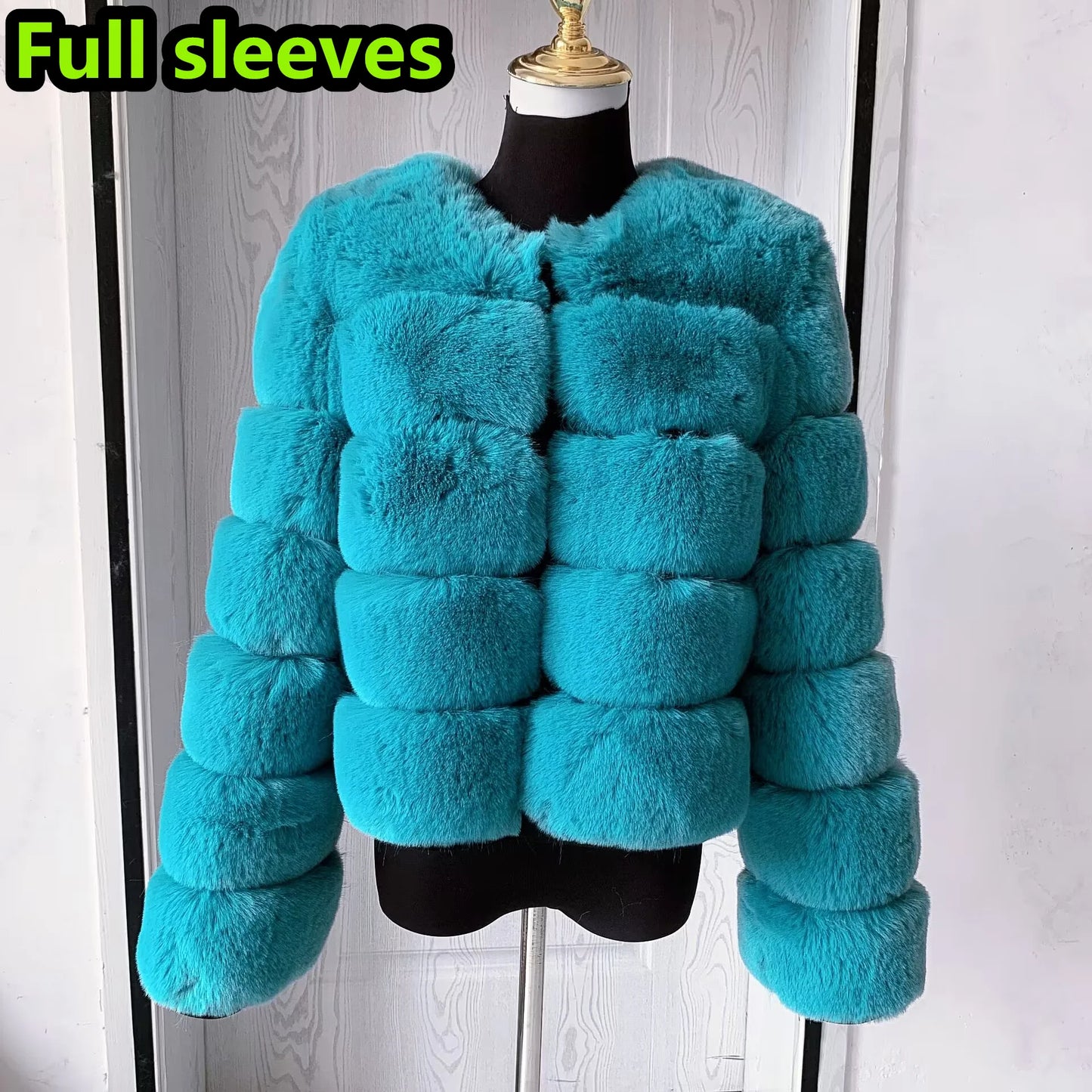 Amoura Elegance Women's Faux Fur Coat – Short Fluffy Jacket, High-Quality Faux Fox Fur, Stylish Winter Warmth Shor Sleeve( 50 cm)