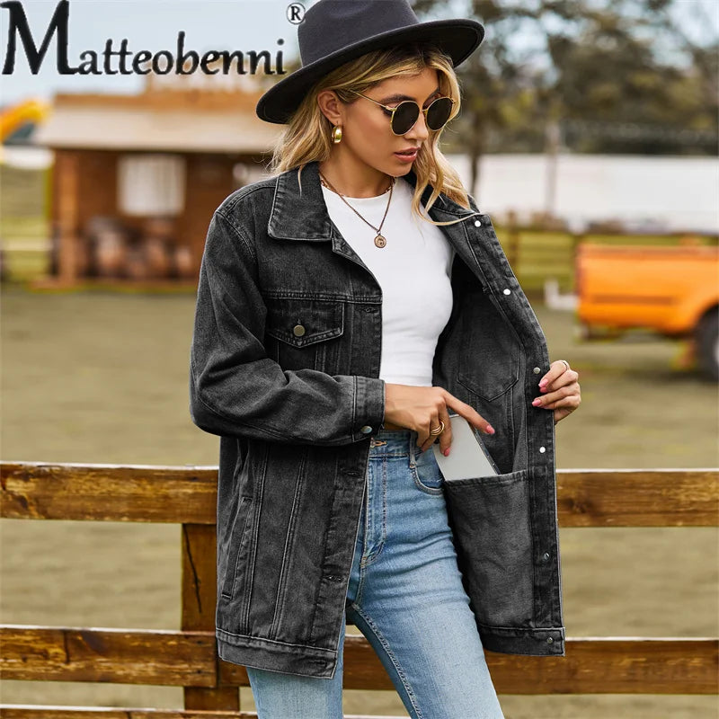 Amoura Elegance Women's Vintage Denim Jacket – Loose Lapel Single-Breasted Cardigan Coat for Autumn Winter Casual Commuter Style 2023