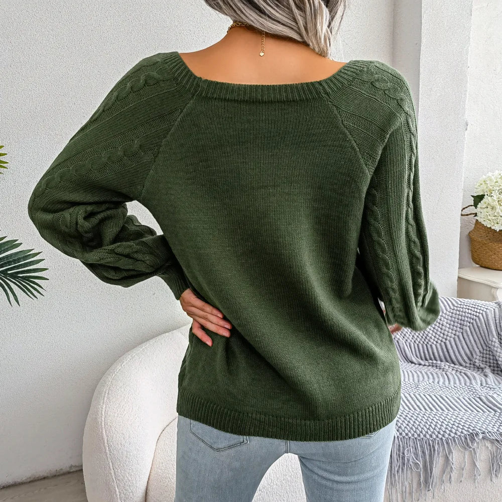 Amoura Elegance Women's 2024 Autumn/Winter Casual Square Collar Nail Buckle Twist Knitted Pullover Sweater – Chic & Cozy Knitwear