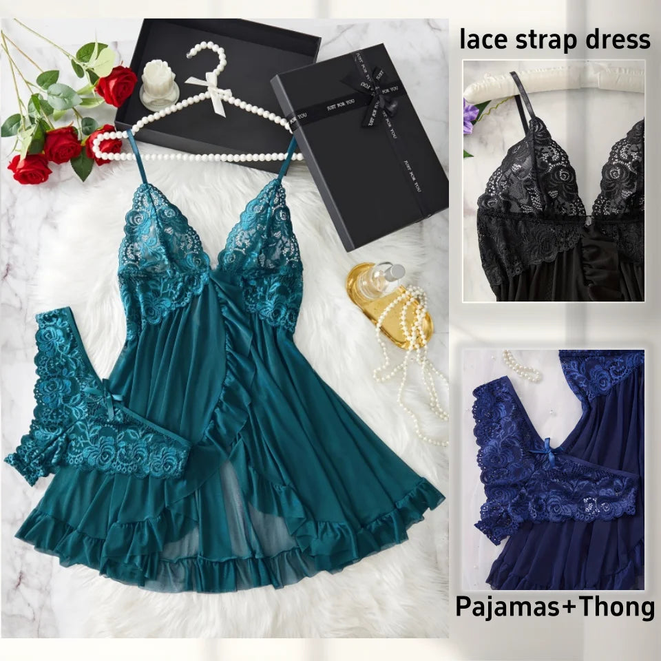 Amoura Elegance |Contrast Lace Ruffle Trim Lingerie Set - Deep V Slip Dress & Thong | Amoura Elegance