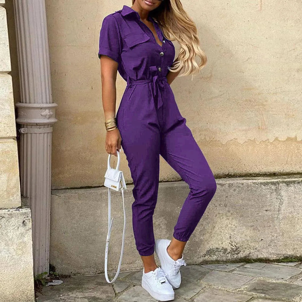 Amoura Elegance European & American Women's Casual Lapel Buckle Printed Belt Cargo Jumpsuit – Stylish Utility Fashion