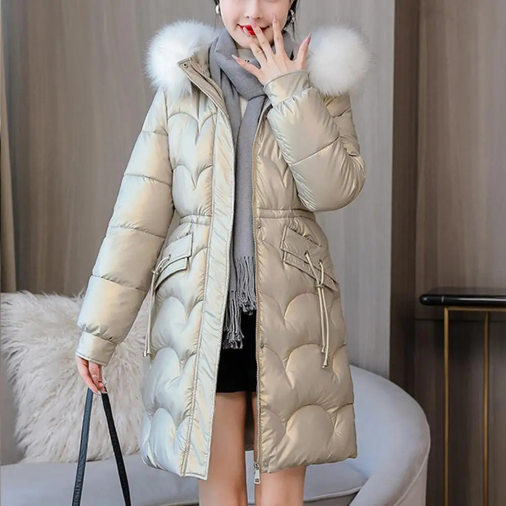 "Amoura Elegance Women's Winter Cotton Coat – Thickened Padded Faux Fur Hooded Mid-Length Slim Fit Windproof Outerwear for Cold Weather Comfort"