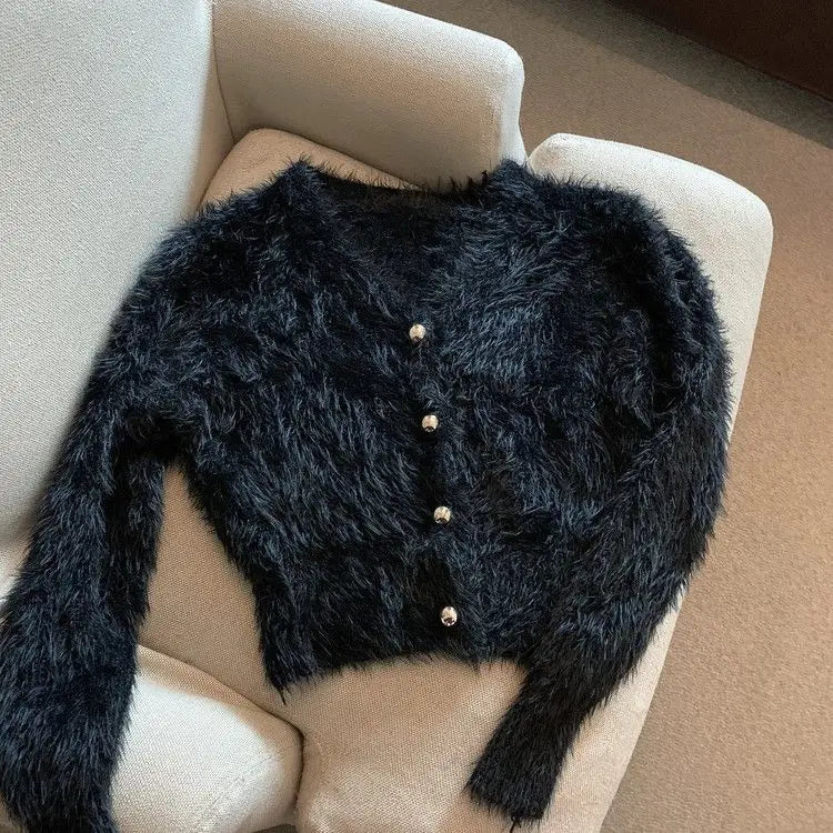 Amoura Elegance Women's V-Neck Cropped Mohair Cardigan – Retro Casual Oversized Knitted Sweater Jacket
