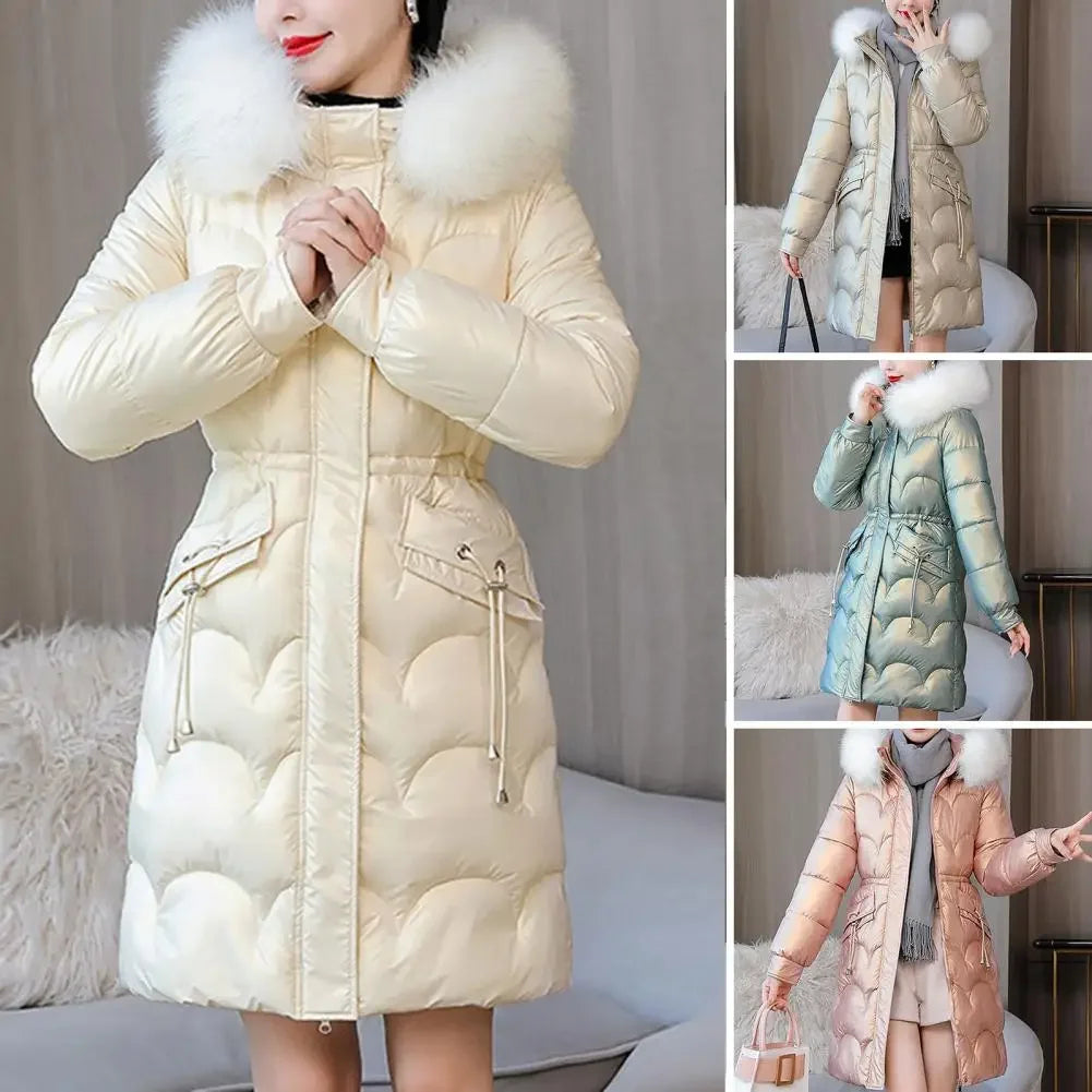 "Amoura Elegance Women's Winter Cotton Coat – Thickened Padded Faux Fur Hooded Mid-Length Slim Fit Windproof Outerwear for Cold Weather Comfort"
