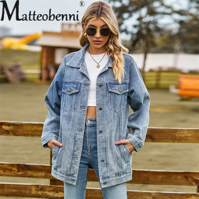 Amoura Elegance Women's Vintage Denim Jacket – Loose Lapel Single-Breasted Cardigan Coat for Autumn Winter Casual Commuter Style 2023