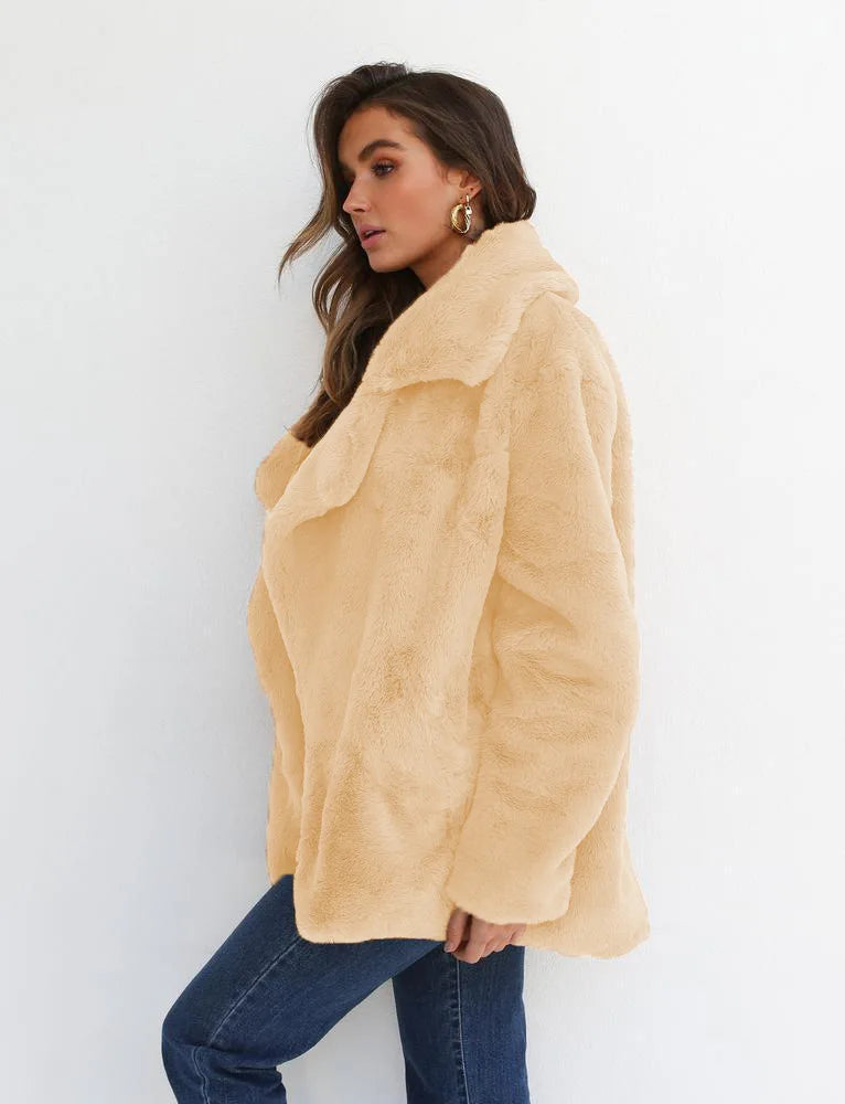 "Amoura Elegance Women's Plush Lapel Slim-Fit Jacket – European & American Fashion Sexy Autumn/Winter Outerwear for Stylish Comfort"