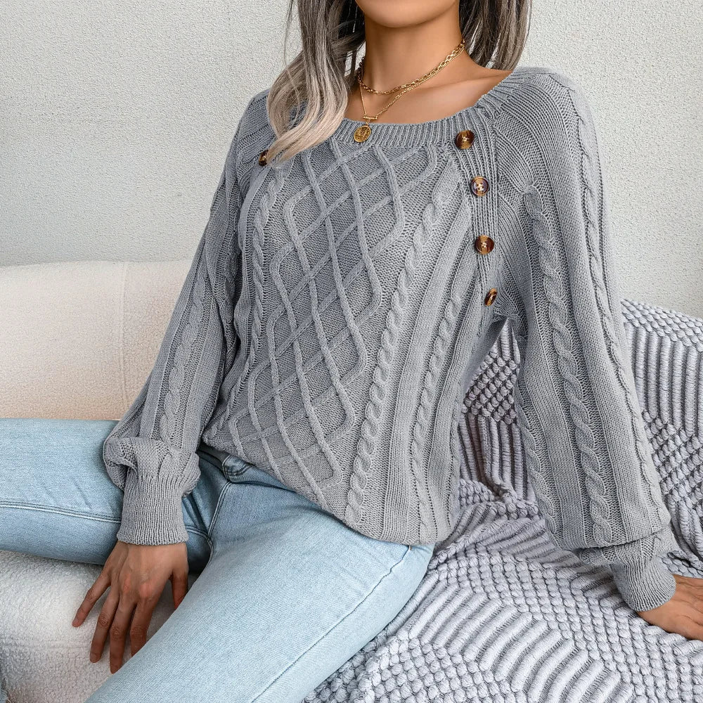 Amoura Elegance Women's 2024 Autumn/Winter Casual Square Collar Nail Buckle Twist Knitted Pullover Sweater – Chic & Cozy Knitwear